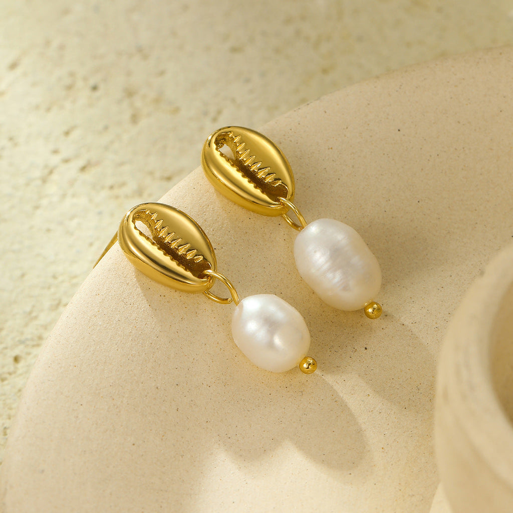 Electroplated 18K Gold Stainless Steel Crab Pincer Inlaid Freshwater Pearl Eardrops Stud Earrings High Grade Earrings