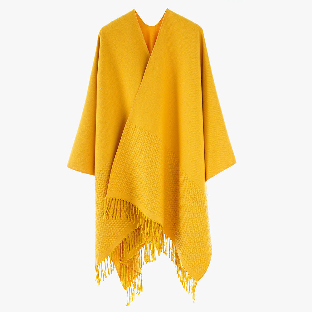 Solid Color Cashmere like Tassel Large Split Shawl Warm Monochrome Cape Plain Shawl