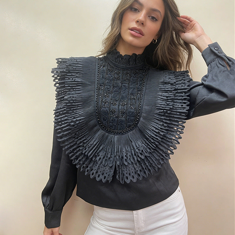 Sweet Design Blouse Women Winter Pleated Hollow Out Cutout out Sequin High Grade Long Sleeved Shirt