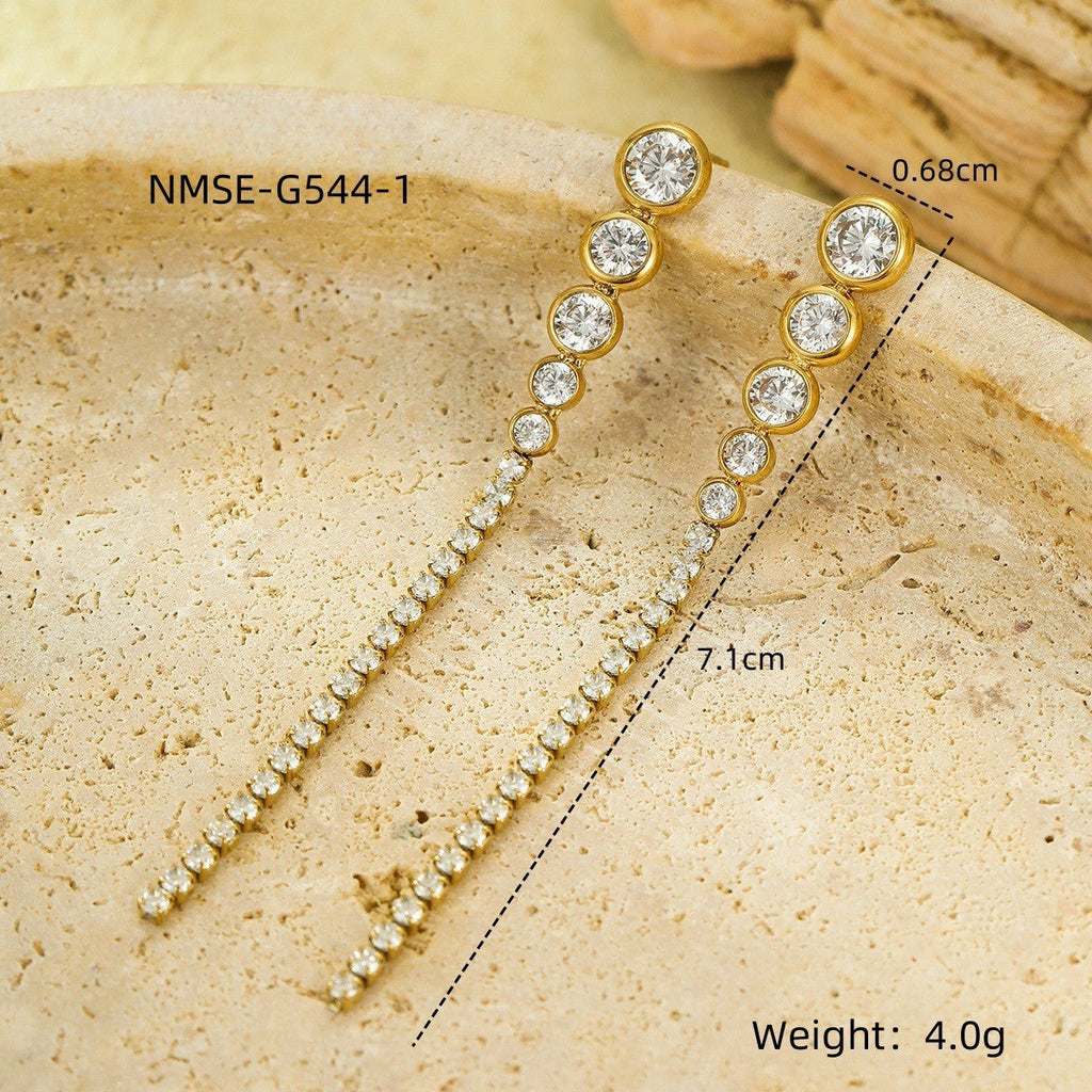 Niche High Grade Stainless Steel Earrings Zircon Tassel Temperamental Personality 18K Gold Titanium Steel Earrings