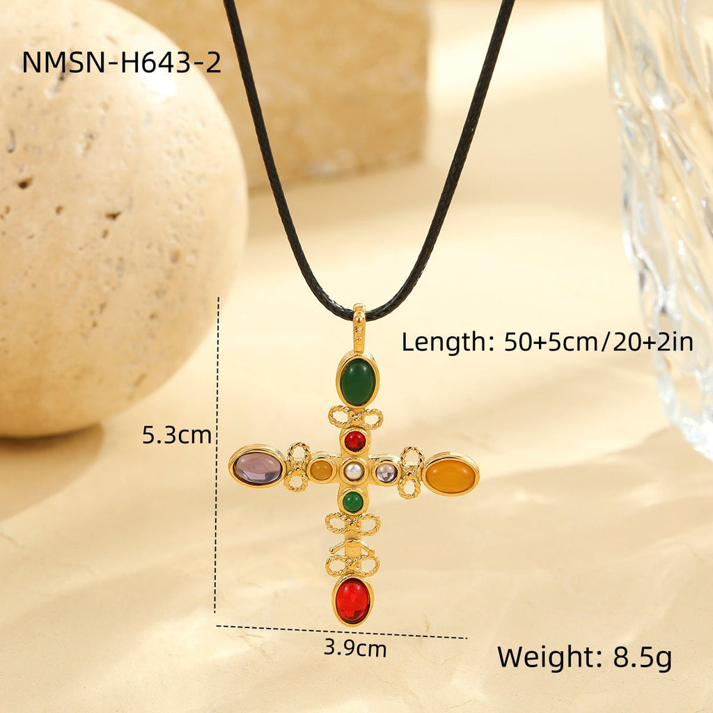 Arrival Colorful Crystals Cross Stainless Steel Necklace Love Natural Stone Clavicle Chain Titanium Steel Embellished