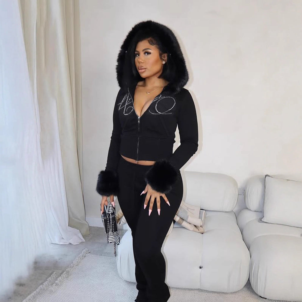 Autumn Winter Casual Furry Long Sleeved Zipper Sweater Coat Letter Graphic Rhinestone Sweatpants Two Piece Sets