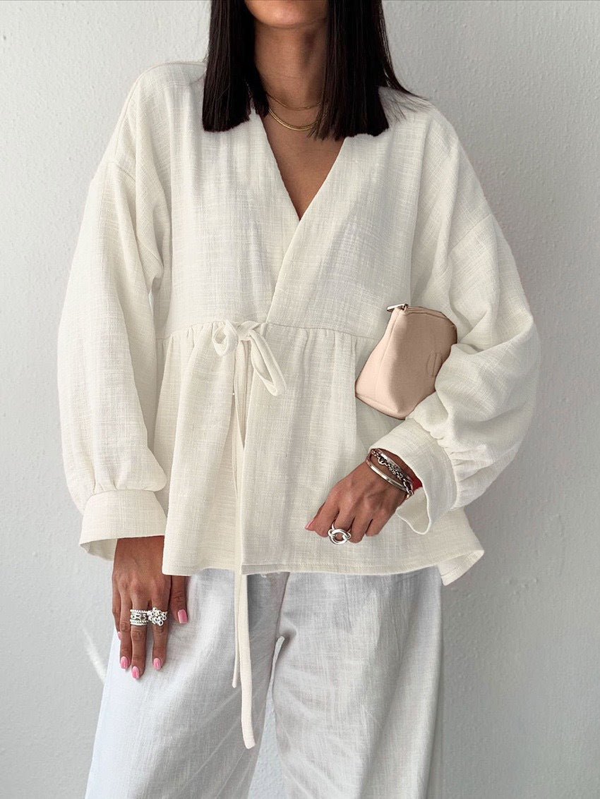 Spring Autumn Cotton Linen Solid Color V neck Trousers Comfortable Soft Shirt Women