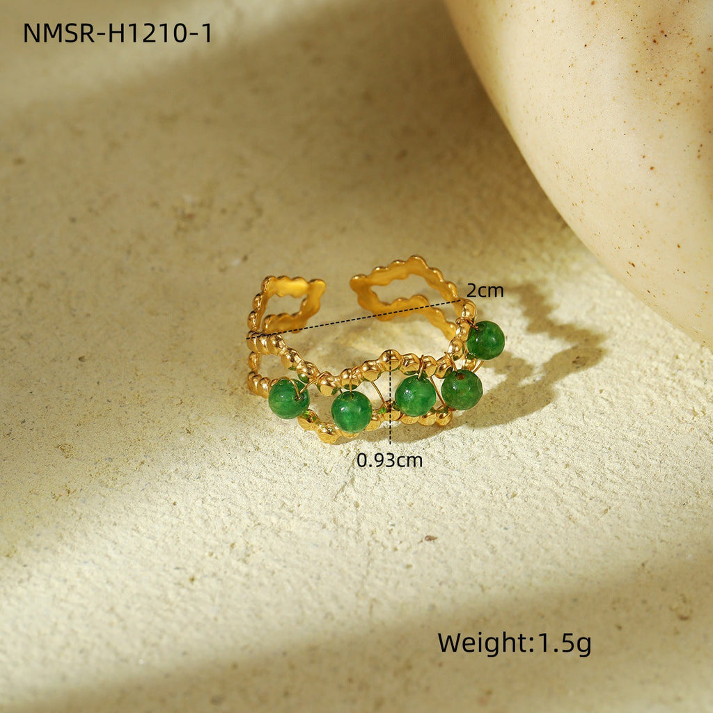Wizard of Oz Green Natural Stone Beaded Titanium Steel Ring Women Minority Design High Grade Stainless Steel Ring