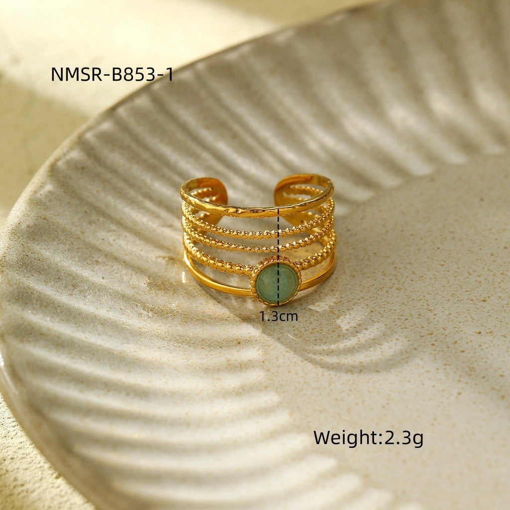 18K Gold Titanium Steel Natural Green Aventurine Open Ring Women All Match High Sense Ornament