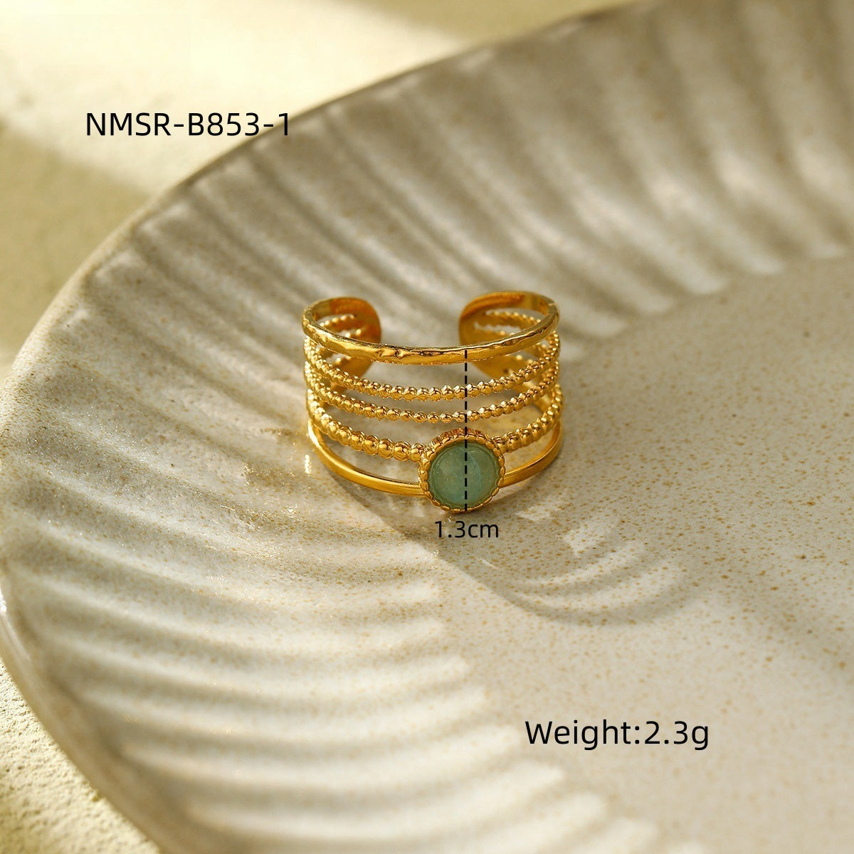 18K Gold Titanium Steel Natural Green Aventurine Open Ring Women All Match High Sense Ornament