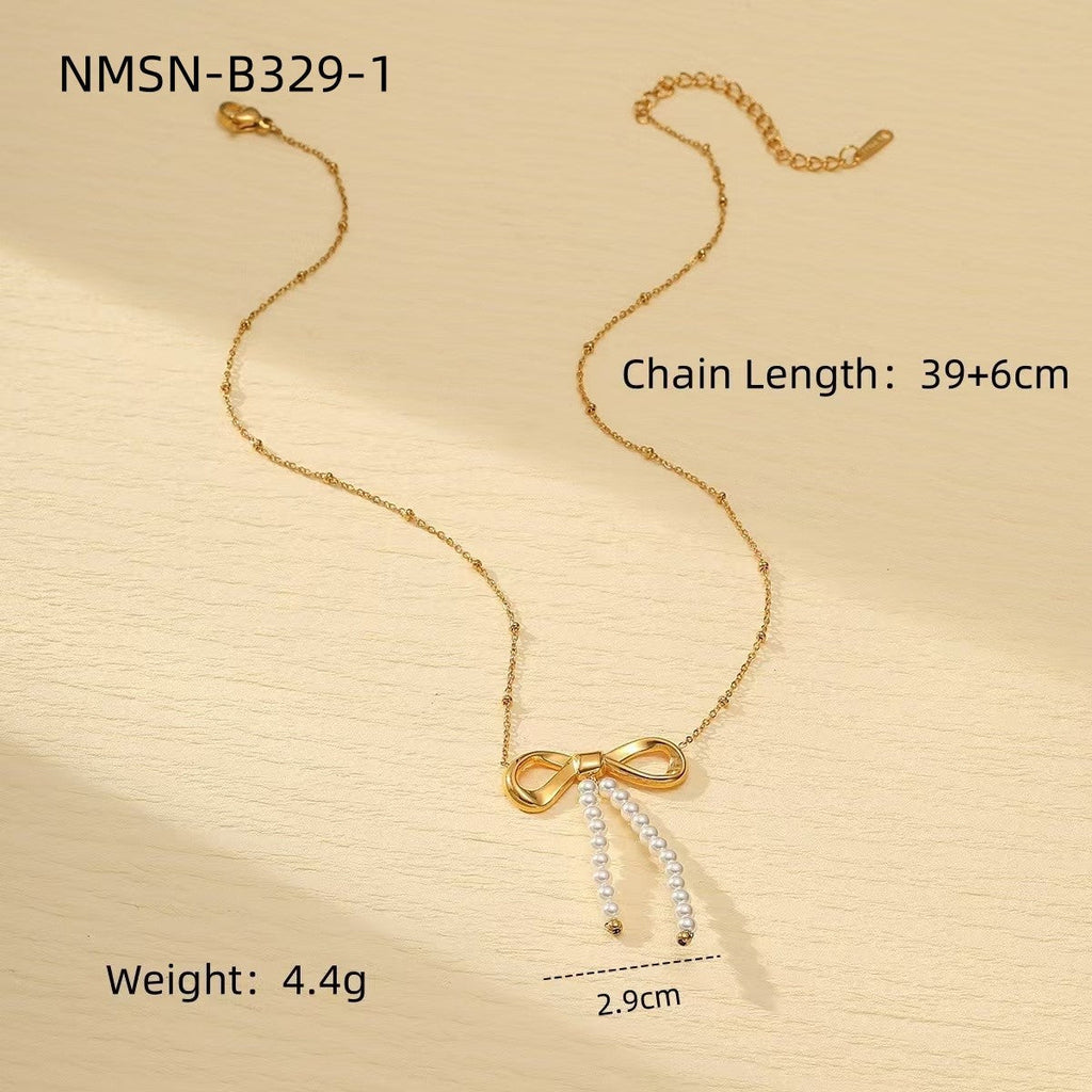 Fashionable Simple Elegant Titanium Steel Pearl Bow Necklace Women Arrival High Grade Stainless Steel Embellished