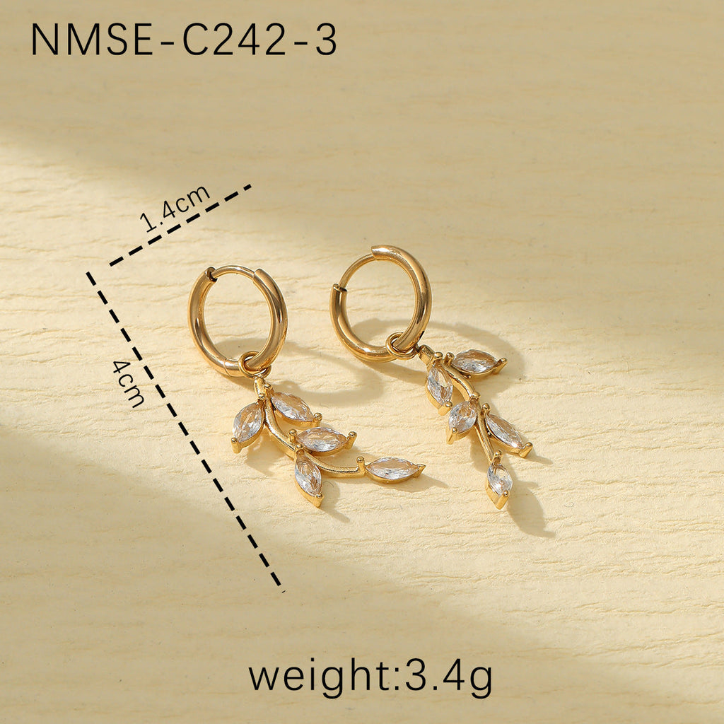 Simple Petal Leaf Zircon Titanium Steel Earrings Best Seller in Sweet High Sense Stainless Steel Studs