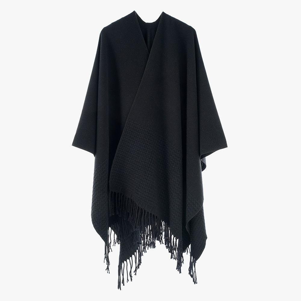 Solid Color Cashmere like Tassel Large Split Shawl Warm Monochrome Cape Plain Shawl