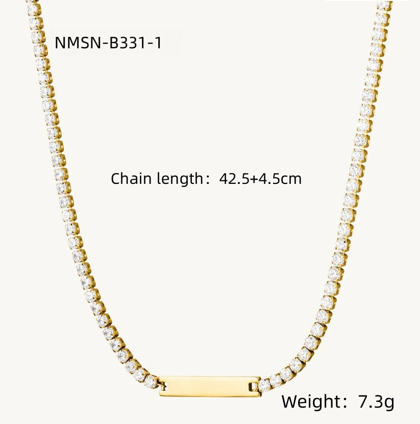 in DIY Lettering Square Plate Diamond Titanium Steel Necklace Women Fashionable Temperamental All Match 18K Gold Stainless Steel Embellished