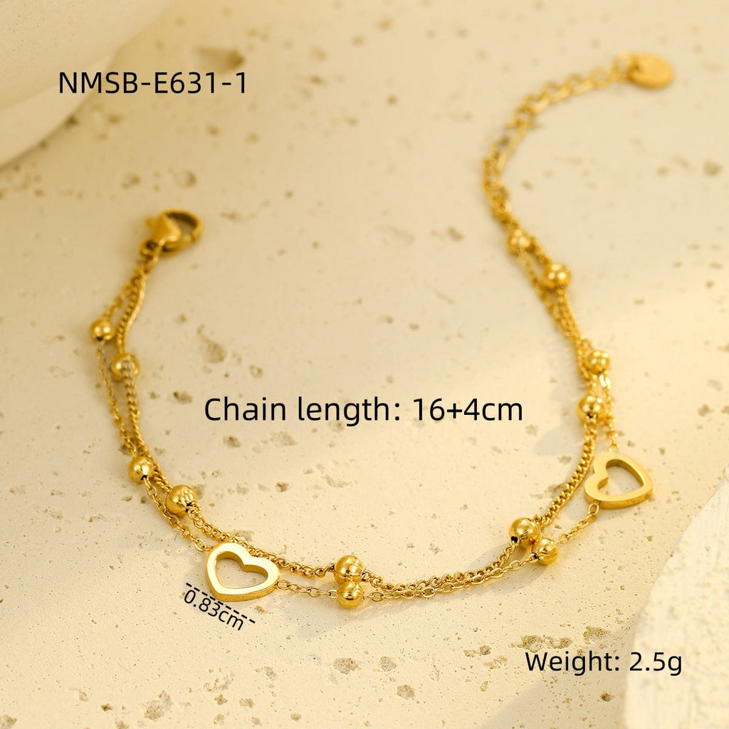 Fashionable Stainless Steel Double Layers Loving Heart Twin 18K Gold Non Fading Valentine Day Gift Bracelet