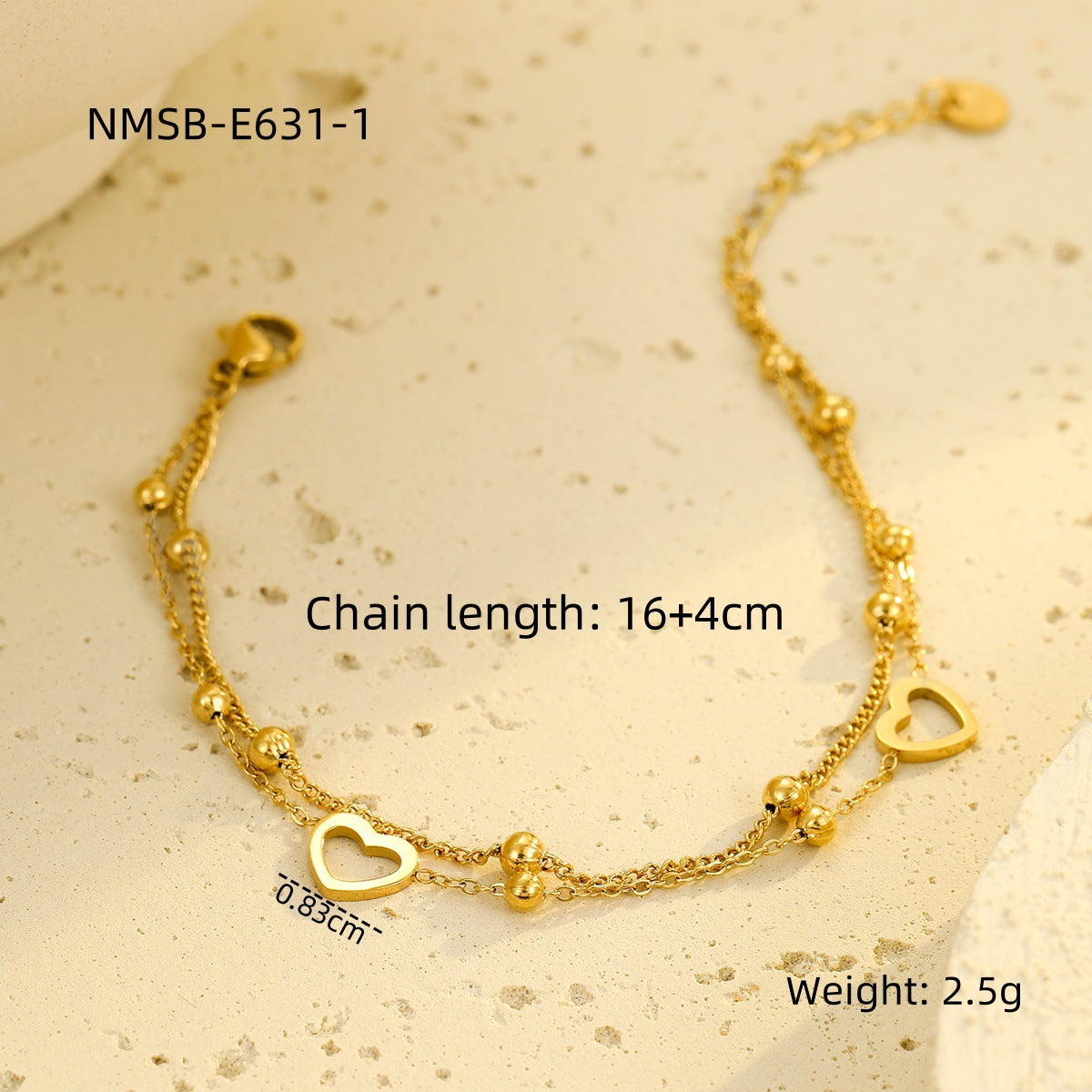 Fashionable Stainless Steel Double Layers Loving Heart Twin 18K Gold Non Fading Valentine Day Gift Bracelet