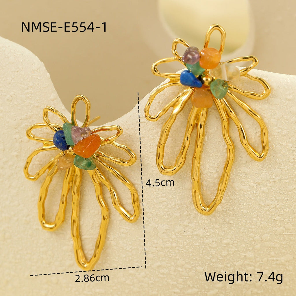 Niche High Grade Women Stainless Steel Hollow Out Cutout out Petals Inlaid Colorful Natural Stone Retro Titanium Steel Earrings