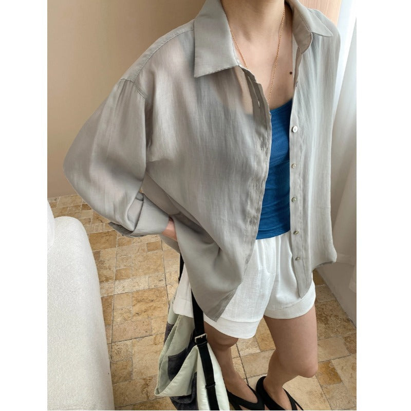 Back Slit Modeling Lanjing Tencel Blended Simple Casual Loose Shirt