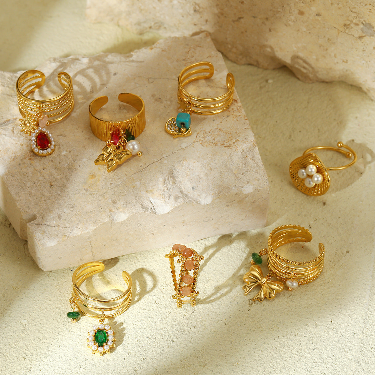 Natural Stone Design Open Stainless Steel Ring Pearl High Grade Titanium Steel Bracelet