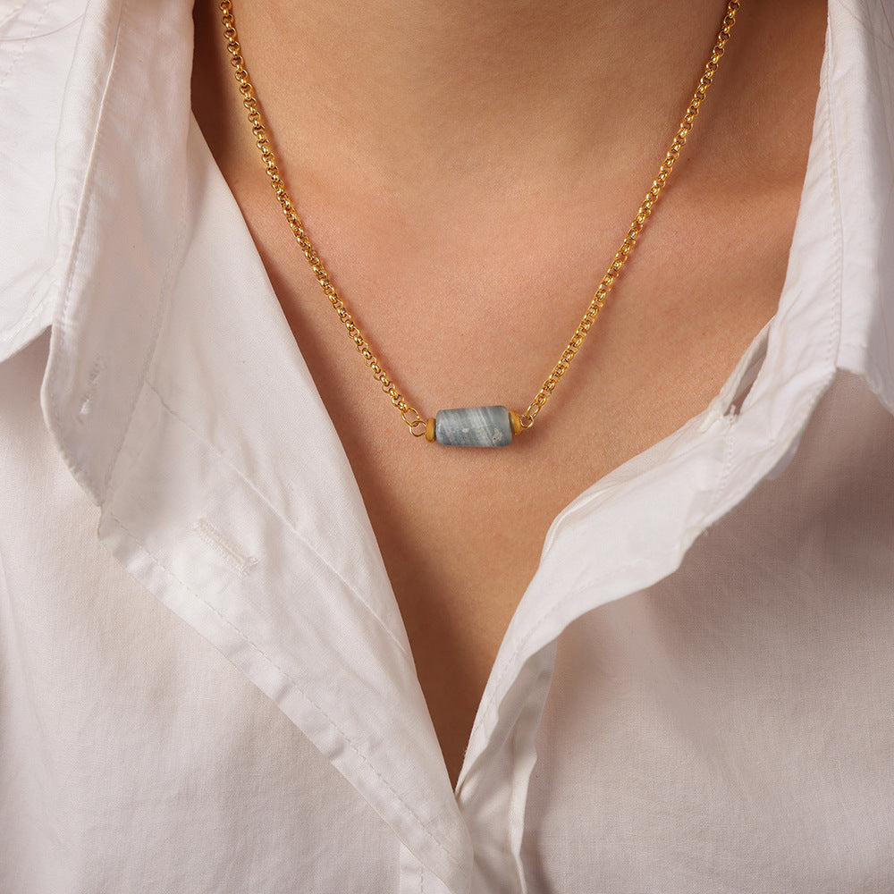 Retro Personalized Minority Titanium Steel Gold Plated Geometric Abstract Irregular Asymmetric Natural Stone Embellished Necklace Ornament Women