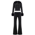 Autumn Winter Casual Furry Long Sleeved Zipper Sweater Coat Letter Graphic Rhinestone Sweatpants Two Piece Sets
