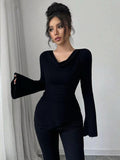 Autumn Winter Women Clothing Ribbing Bottoming Sweater off the Shoulder Slim Knitted Long Sleeved Top Office