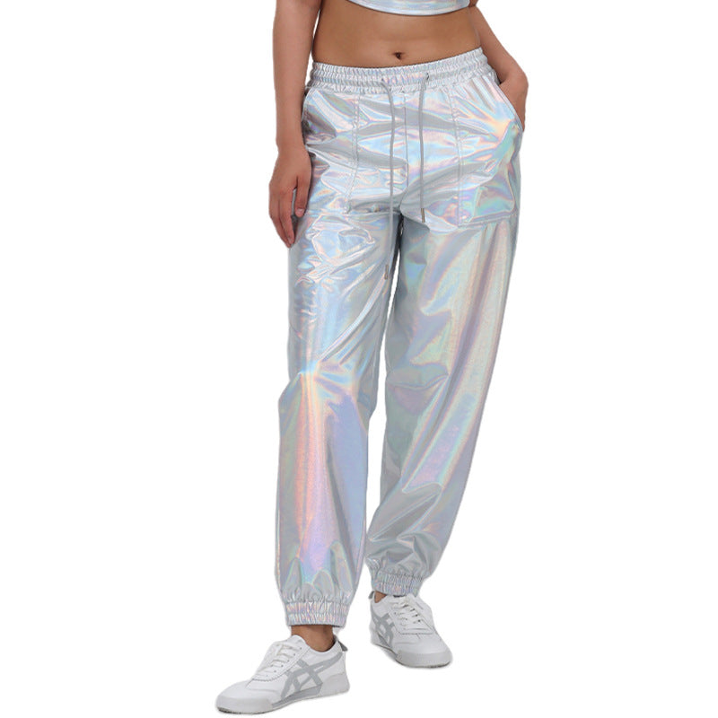 Women Pants Street Trend Bronzing Ankle Banded Pants Sports Bright Leather Loose Performance Clothes