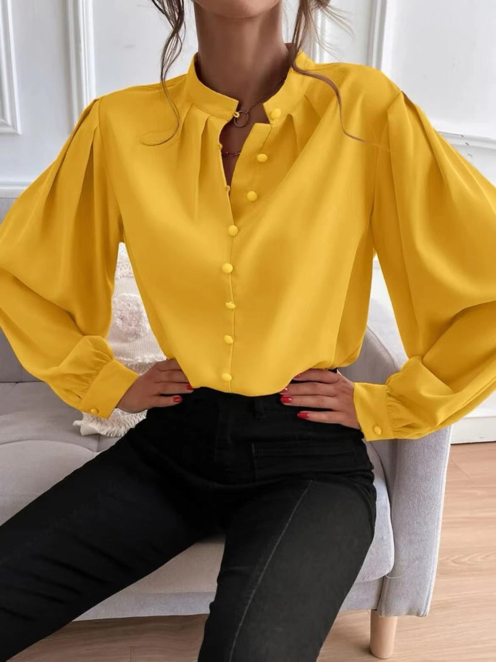 Women Shirt Autumn Elegant Solid Color Collared Long Sleeve Single Row Button Loose Women Top