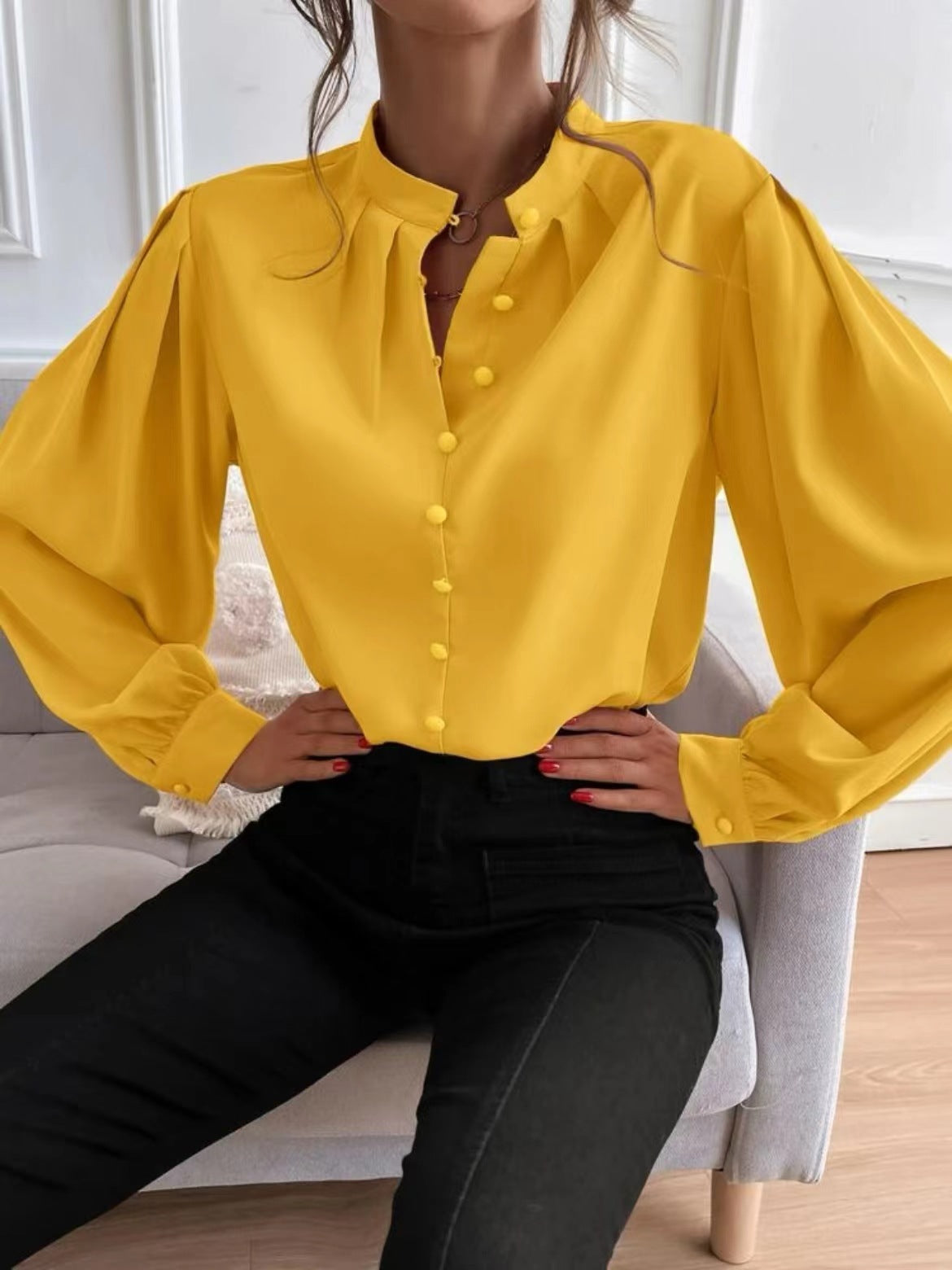 Women Shirt Autumn Elegant Solid Color Collared Long Sleeve Single Row Button Loose Women Top