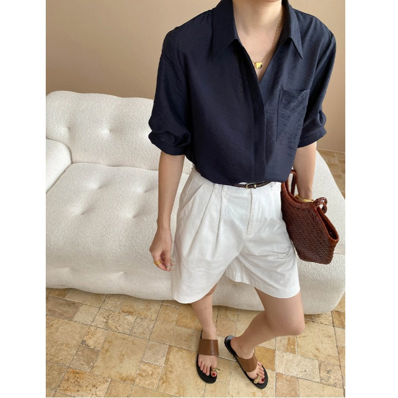 Breathable Tencel Blended Single Pocket Lapels Loose Short Sleeve Shirt