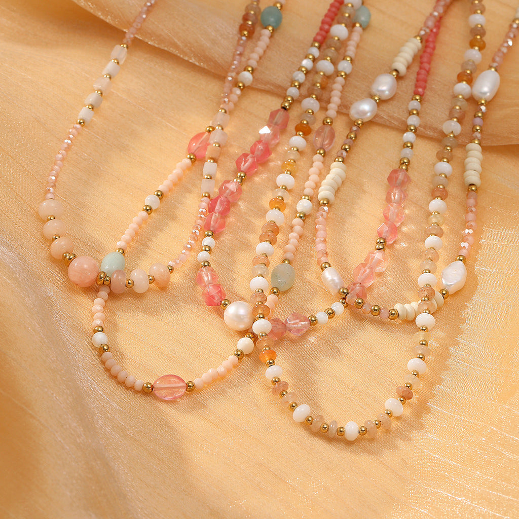 Colorful Natural Stone Handmade Beaded Titanium Steel Necklace Affordable Luxury High Grade Freshwater Pearl Embellished