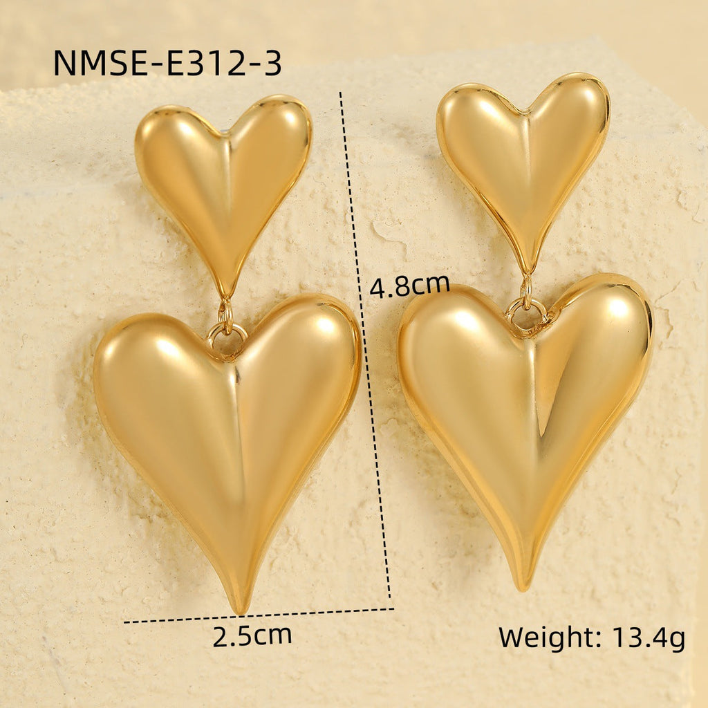 Cool Stainless Steel Hollow Out Cutout Heart Shaped Tassel Earrings 18K Gold Texture Titanium Steel Earrings Ornament