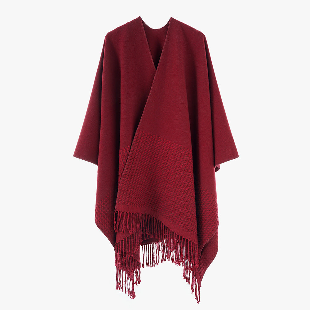 Solid Color Cashmere like Tassel Large Split Shawl Warm Monochrome Cape Plain Shawl
