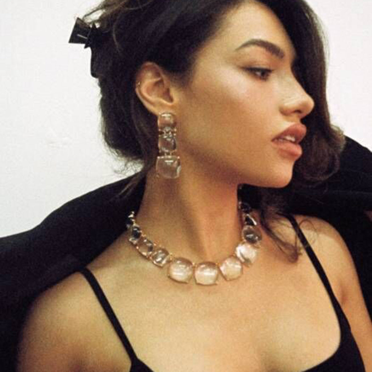 Ornament Personality Magazine Alloy Rhinestone Necklace Earrings for Women