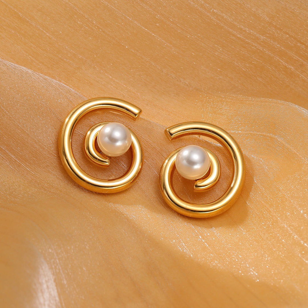 Light Luxury Titanium Steel Pearl Floral High Grade Earrings Simple Elegant Exaggerated Design Stainless Steel Studs