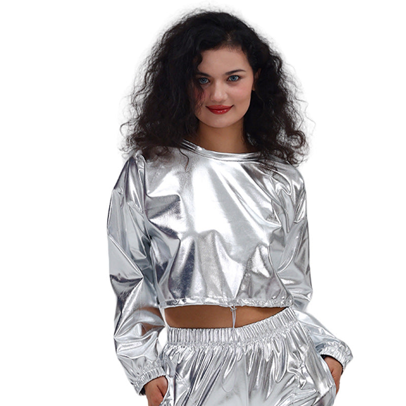 Bronzing Bright Leather Sexy Cropped Long Sleeve Hooded Pullover Short Drawstring Sweatshirt