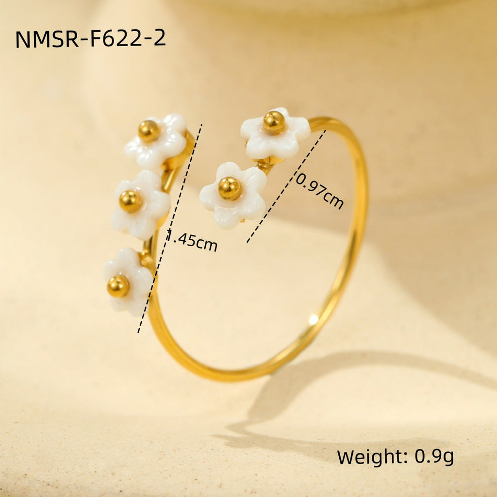 Floral 18K Gold Titanium Steel Ring Niche High Sense White Lip Shell Inlaid Zircon Women Ring