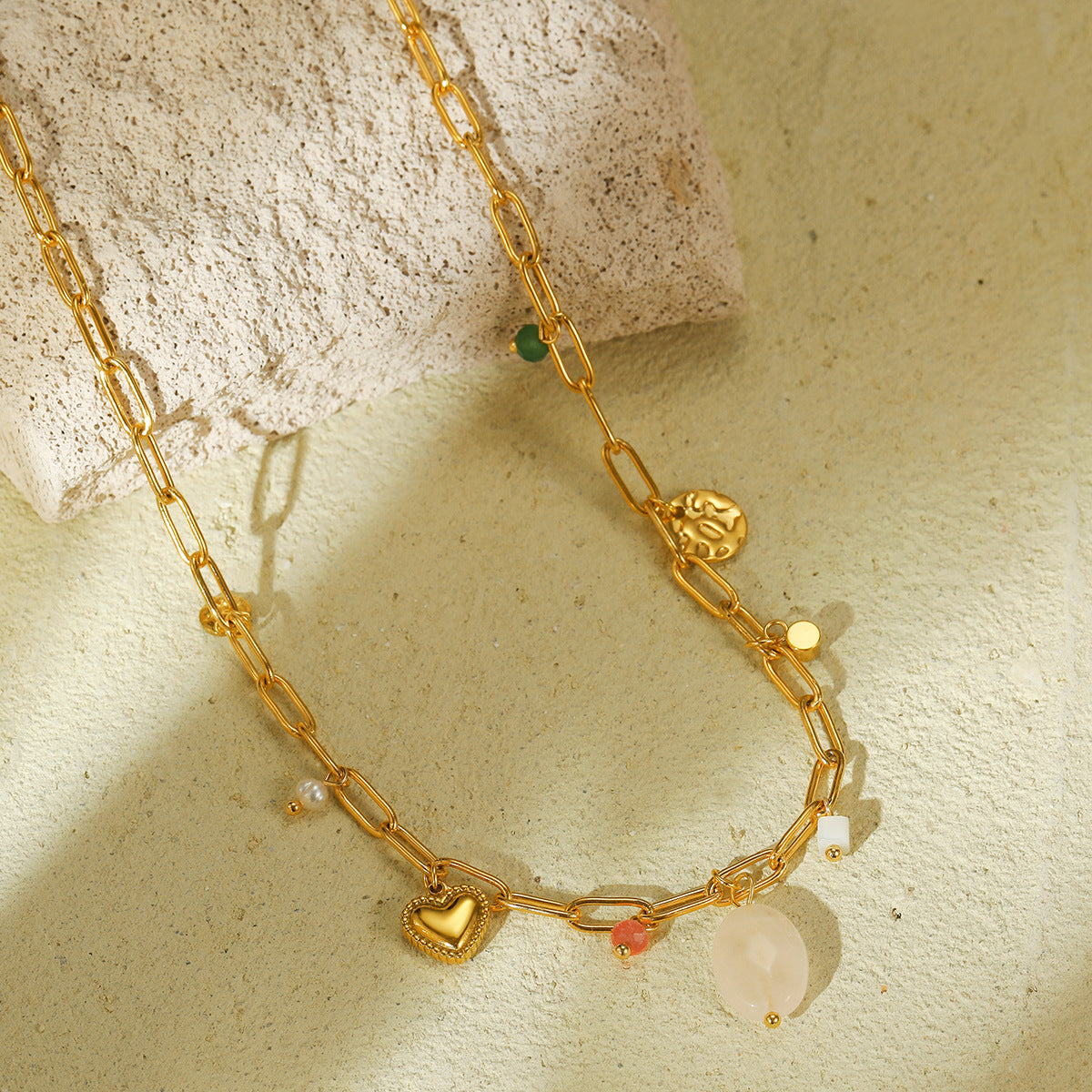 Natural Stone Beaded Pearl Stainless Steel Necklace Women Light Luxury Trendy All Match High Grade Titanium Steel Embellished