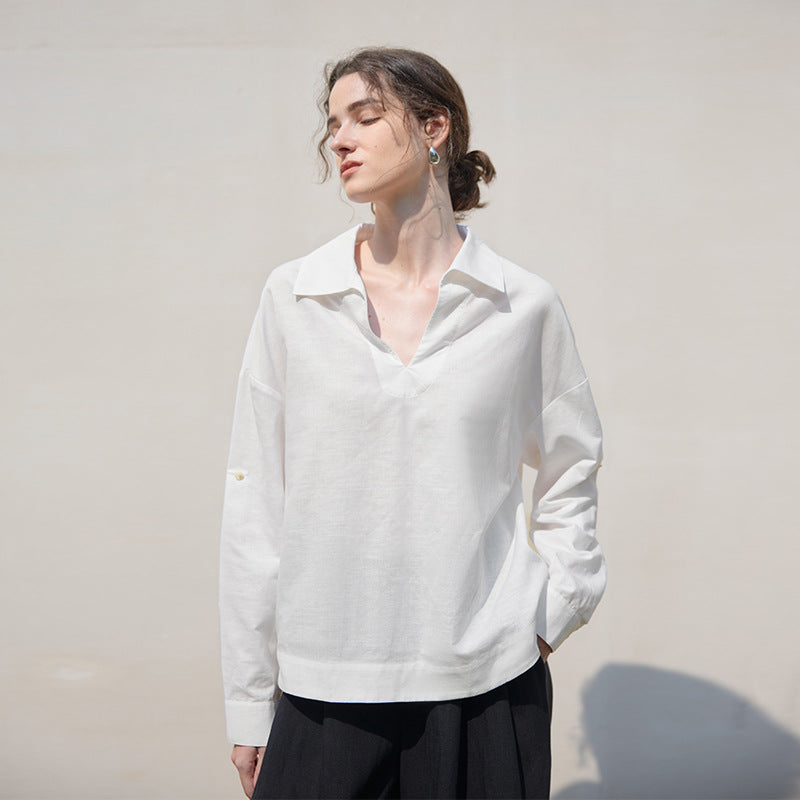 Pure White V Shaped Collared Long Sleeved Shirt for Women Autumn Winter Linen Loose Shirt Advanced Loose Top