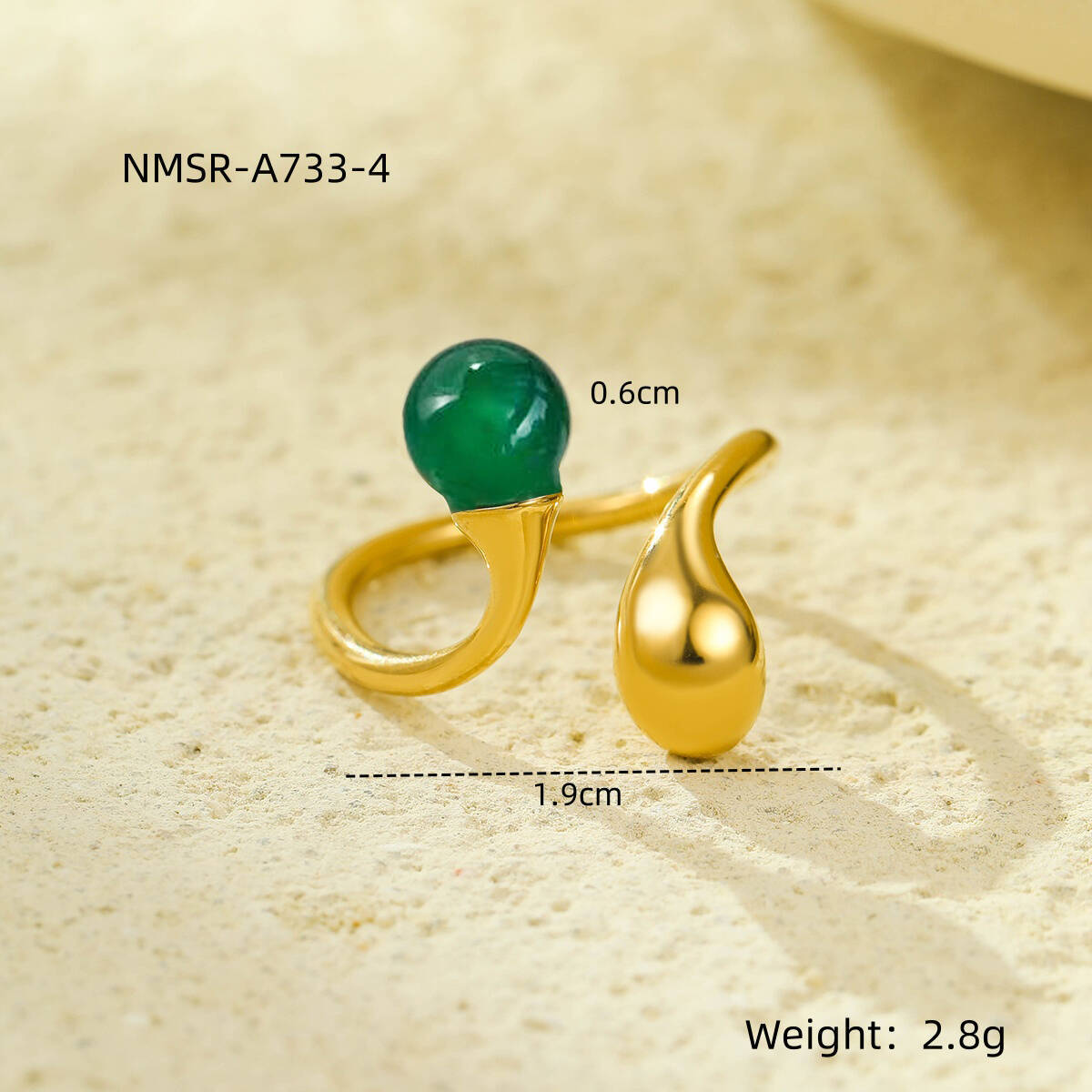 Stainless Steel Irregular Asymmetric Geometric Abstract Open Ring with Natural Stone Does Not Fade 18K Ring Bracelet