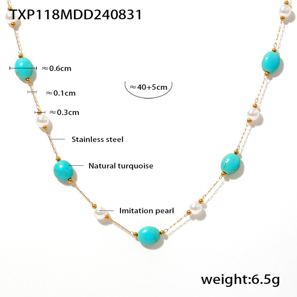 Niche Natural Turquoise Imitation Pearl Necklace Bracelet Stainless Steel Light Luxury Elegant Outfit