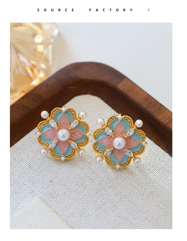 French Blue Color Oil Glaze Floral Stud Earrings Light Luxury High Grade Retro Minority Mid Ancient Pearl Earrings for Women