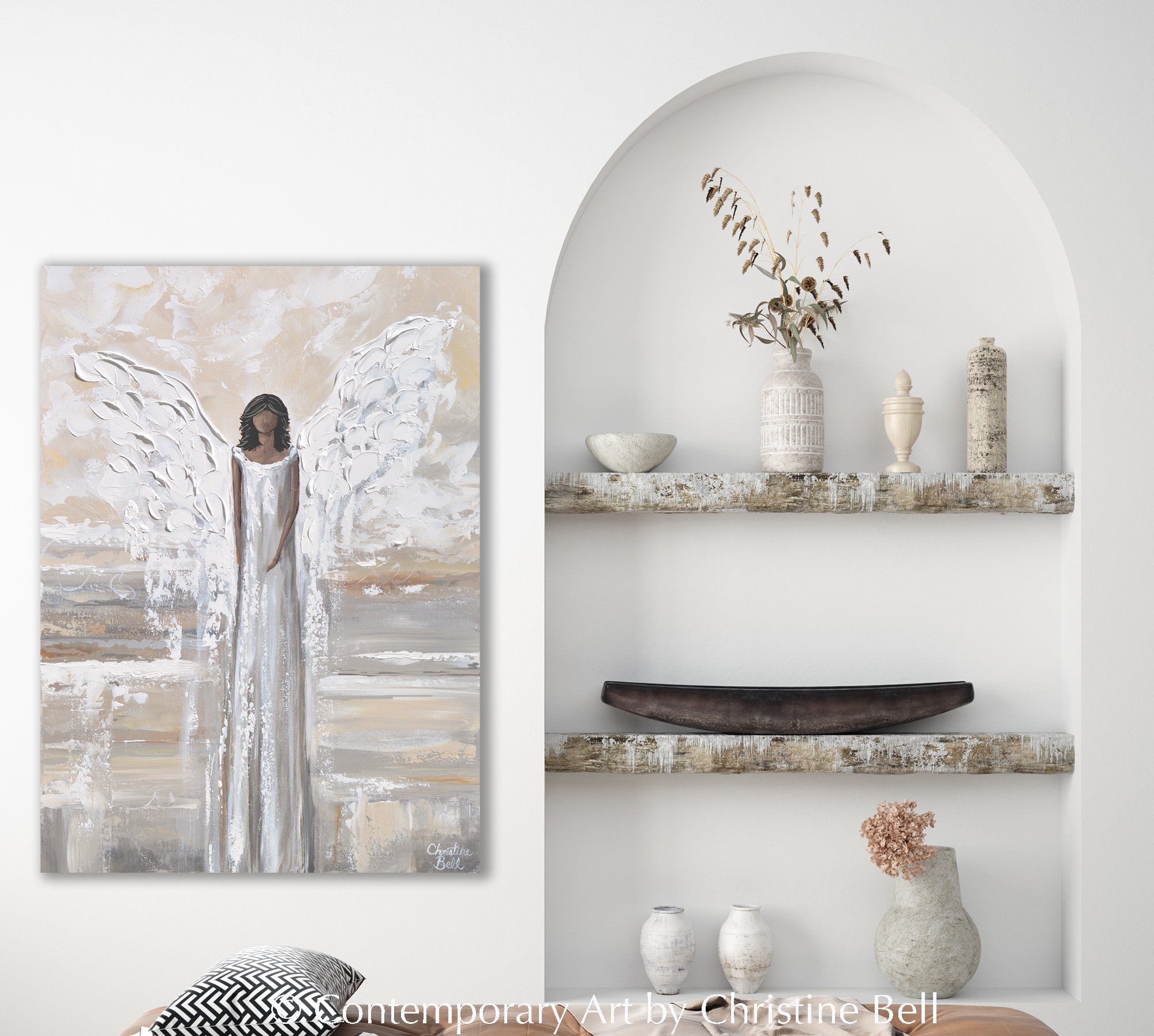 "Embracing Peace" GICLEE PRINT, Angel Painting, Modern Neutral Guardian Angel