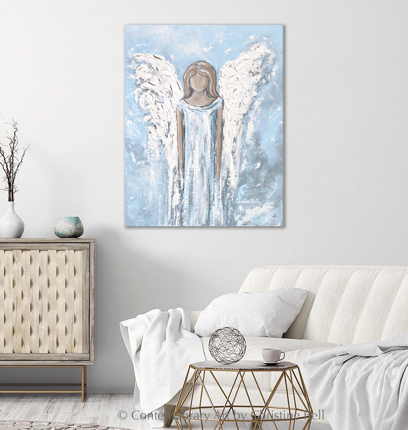 "Love's Angel" GICLEE PRINT, Angel Painting, Light Blue Grey White Guardian Angel
