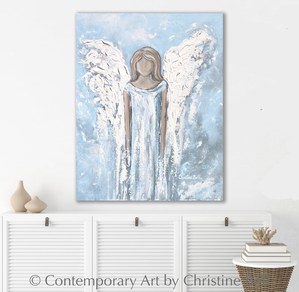 "Love's Angel" GICLEE PRINT, Angel Painting, Light Blue Grey White Guardian Angel