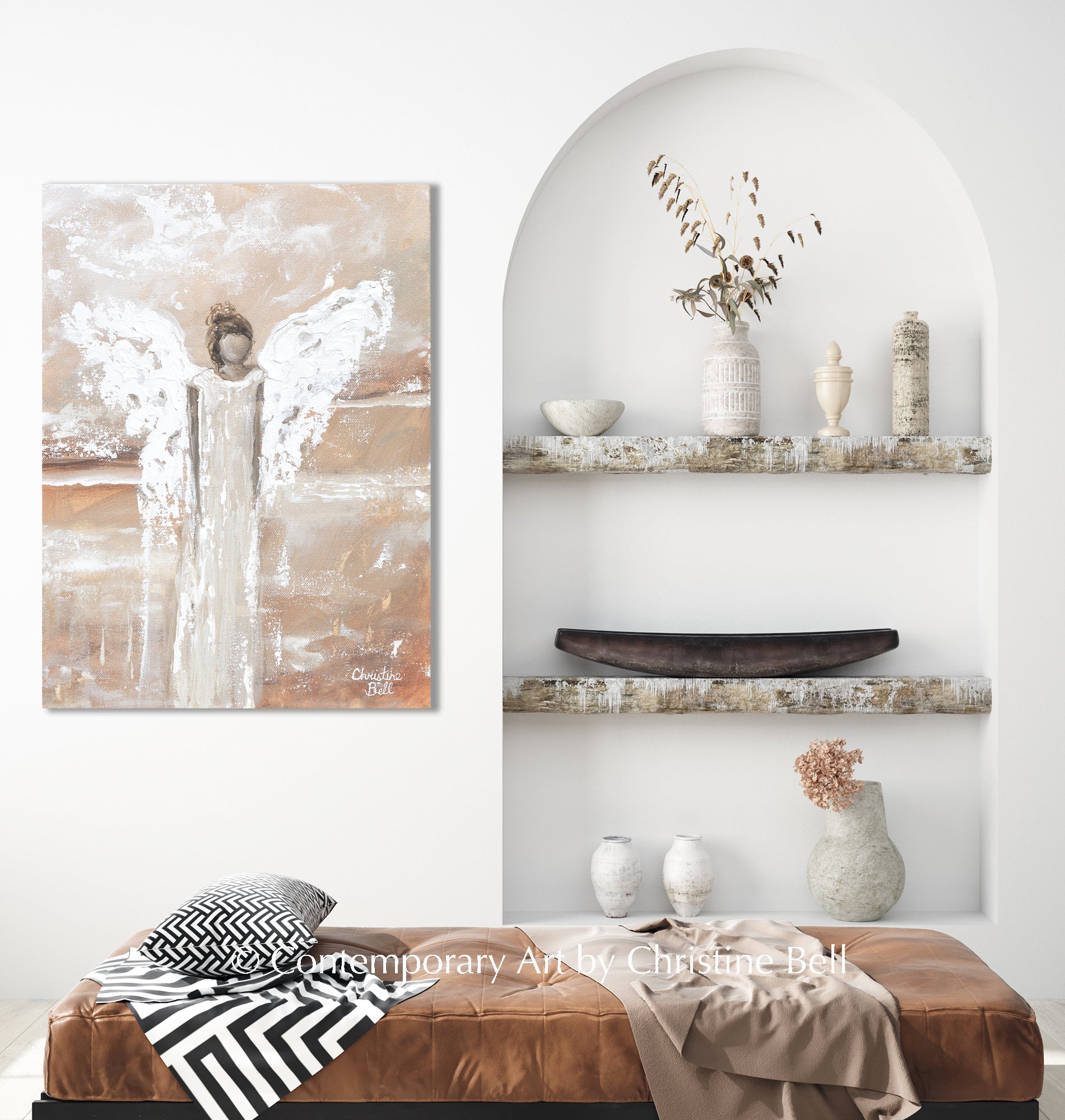 "She Bestows Strength" GICLEE PRINT, Angel Painting, Modern Neutral Guardian Angel