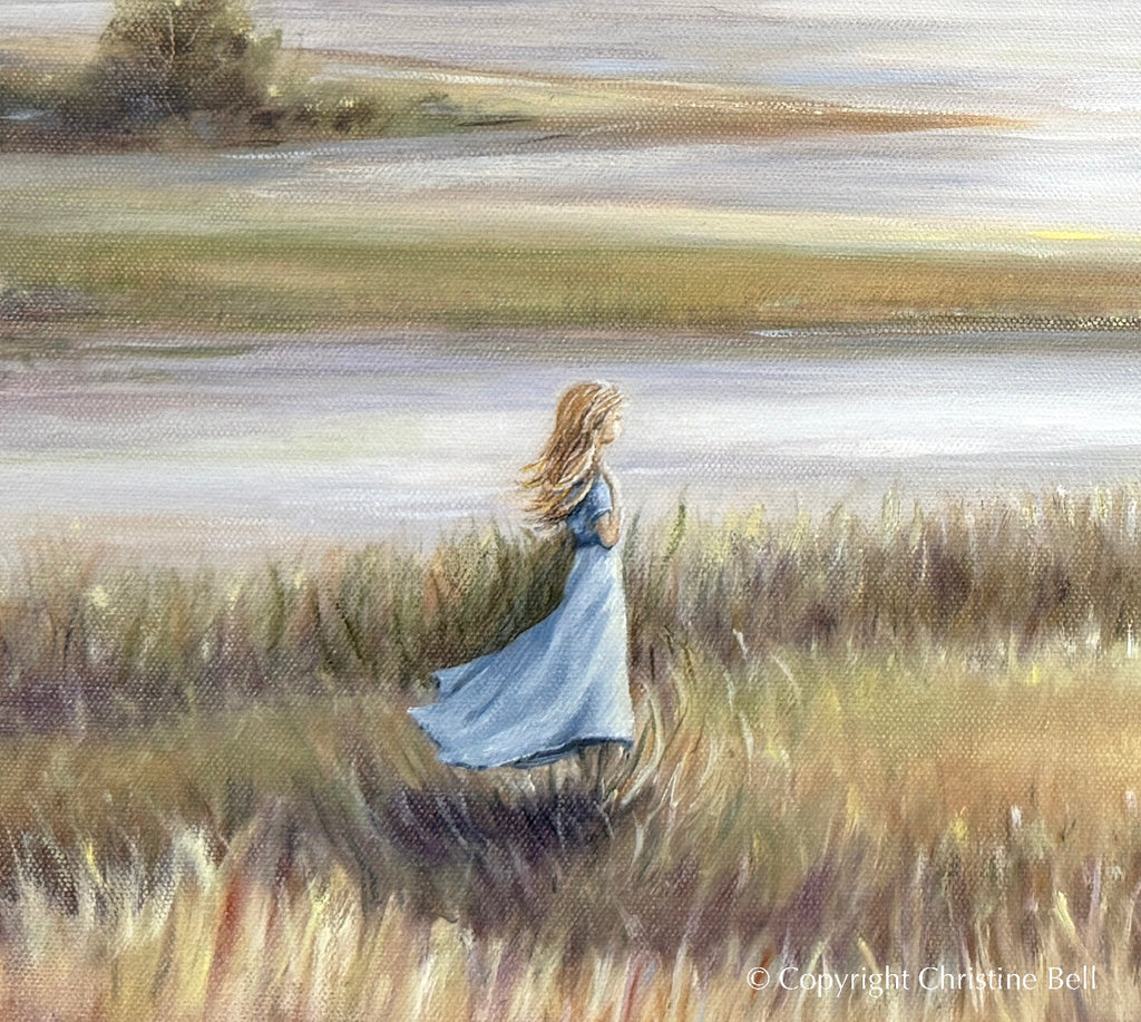 "In Her Own World" GICLÉE PRINT Landscape Oil Painting, Coastal Seascape Beach Figurative w/ Girl  30x24"