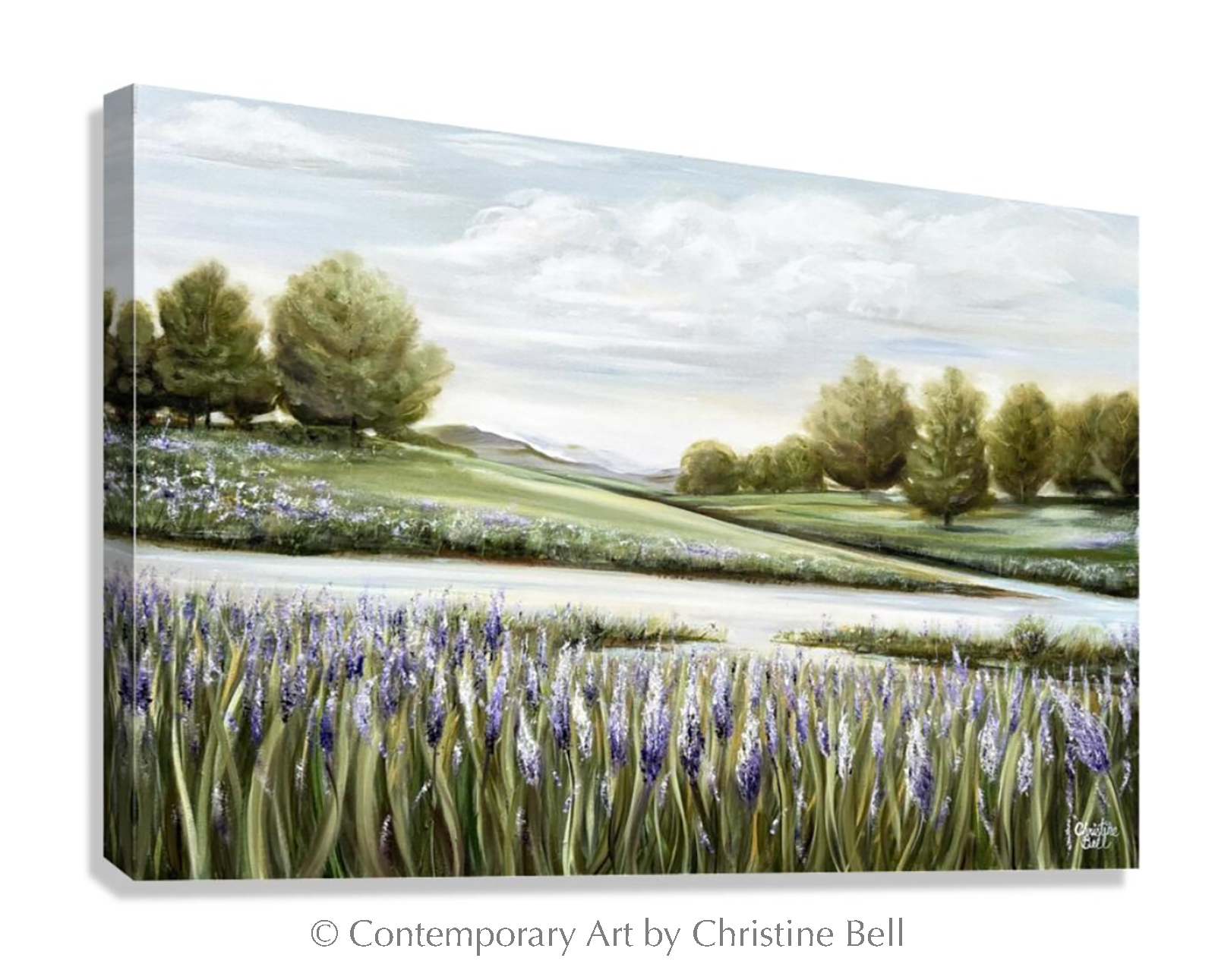 "Beyond the Lupine Meadow" GICLEE PRINT Floral Landscape Painting, Lavender Flowers, River, Trees