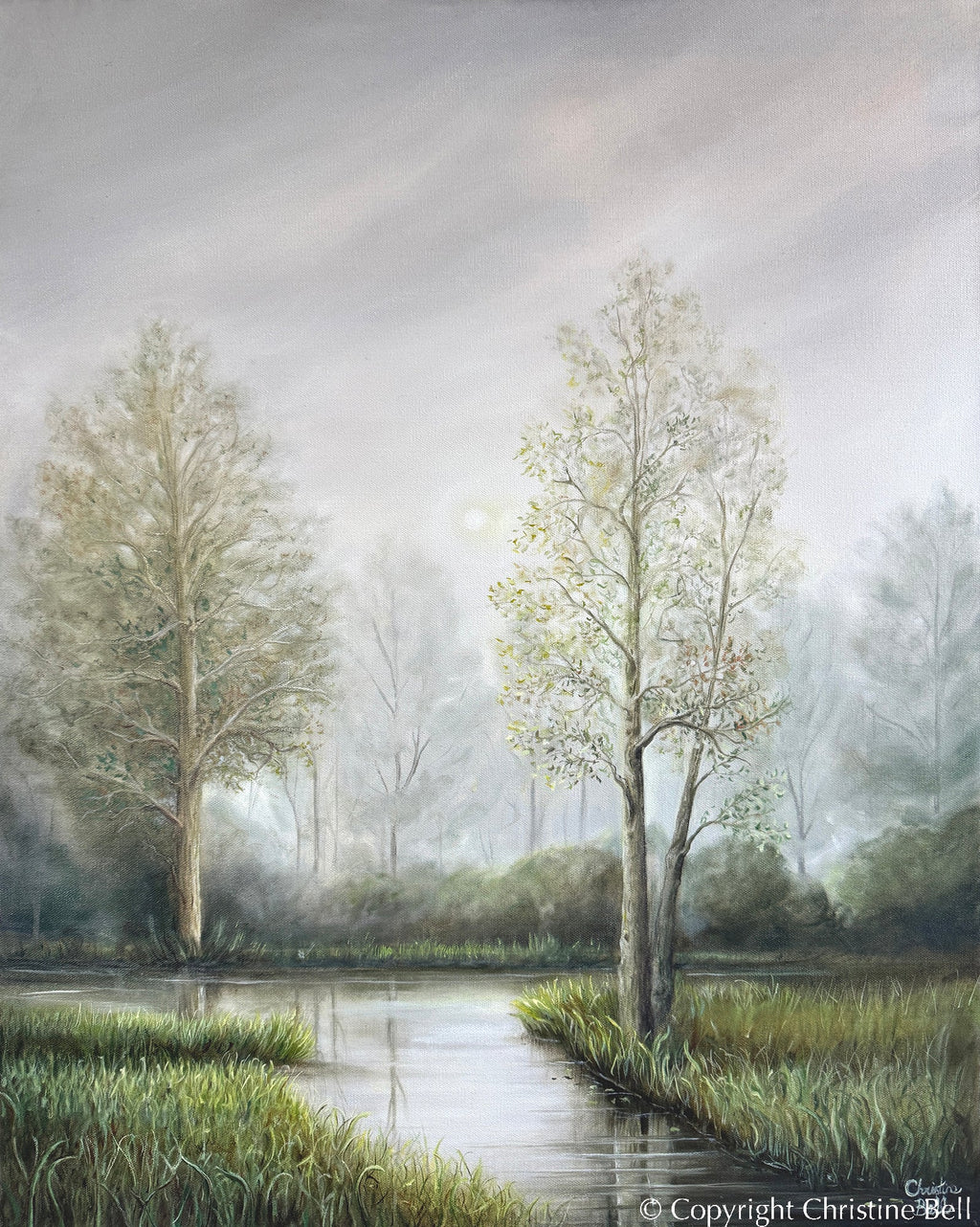 "Silent Solitude" GICLÉE PRINT Landscape Oil Painting, Misty Trees, Meadow, Stream