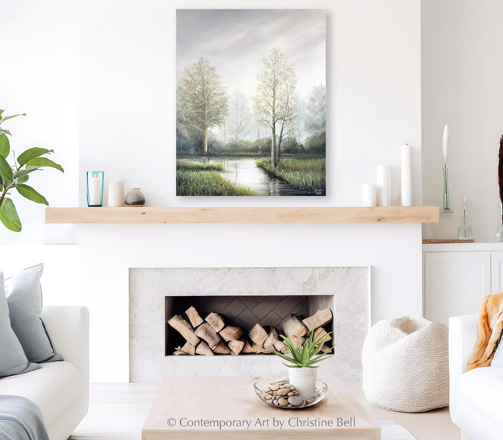 "Silent Solitude" GICLÉE PRINT Landscape Oil Painting, Misty Trees, Meadow, Stream