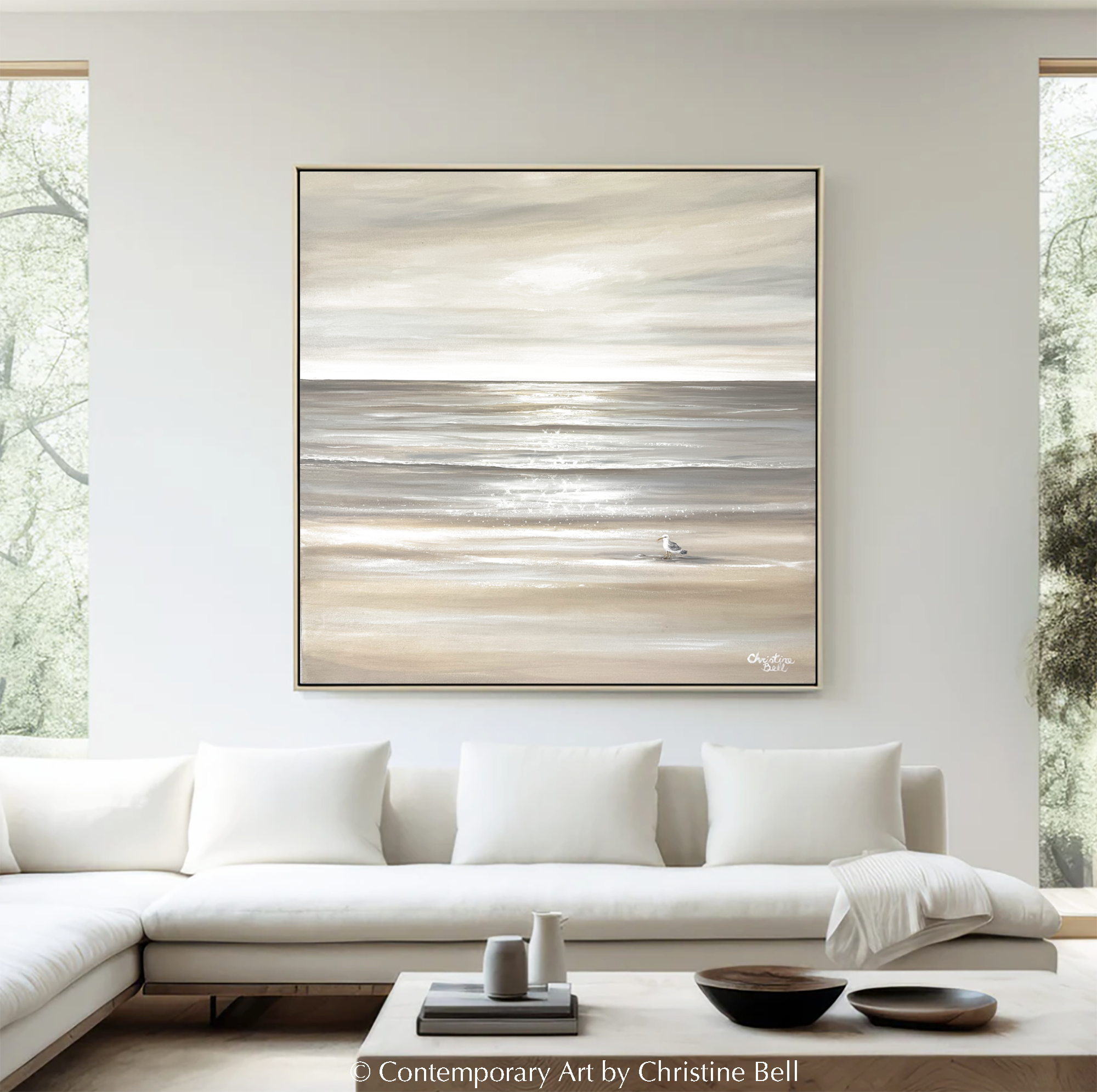 "Solo Reflections" GICLÉE PRINT Coastal Abstract Ocean Beach Painting, Neutral Seascape w/ Seagull