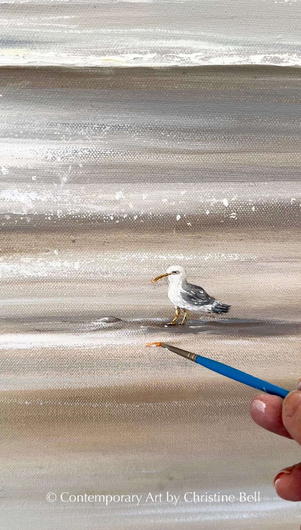 "Solo Reflections" GICLÉE PRINT Coastal Abstract Ocean Beach Painting, Neutral Seascape w/ Seagull