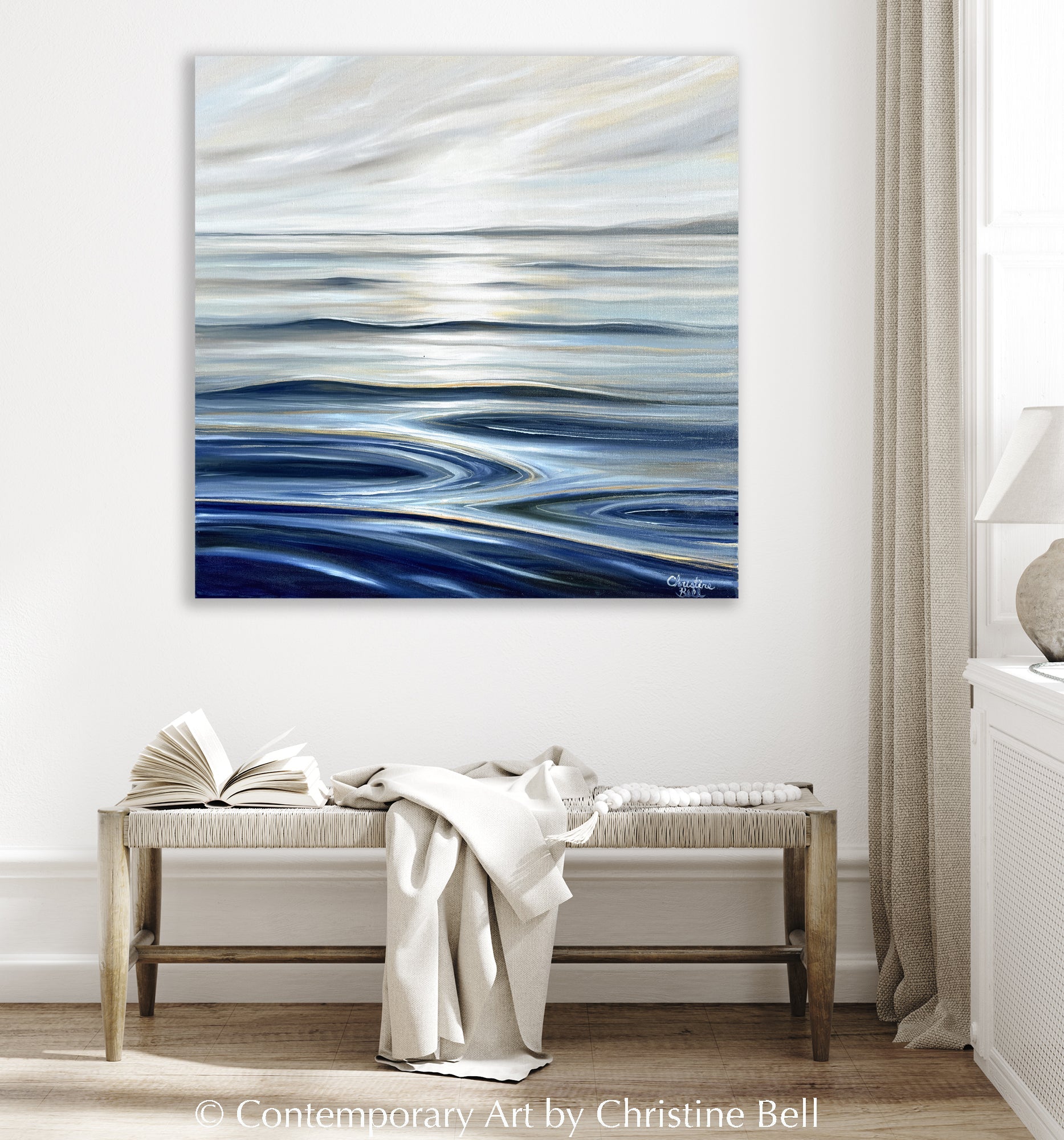 "Calm Waters II" GICLEE PRINT Coastal Seascape Painting, Navy Blue, Grey, White