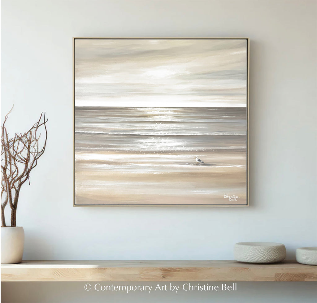 "Solo Reflections" GICLÉE PRINT Coastal Abstract Ocean Beach Painting, Neutral Seascape w/ Seagull